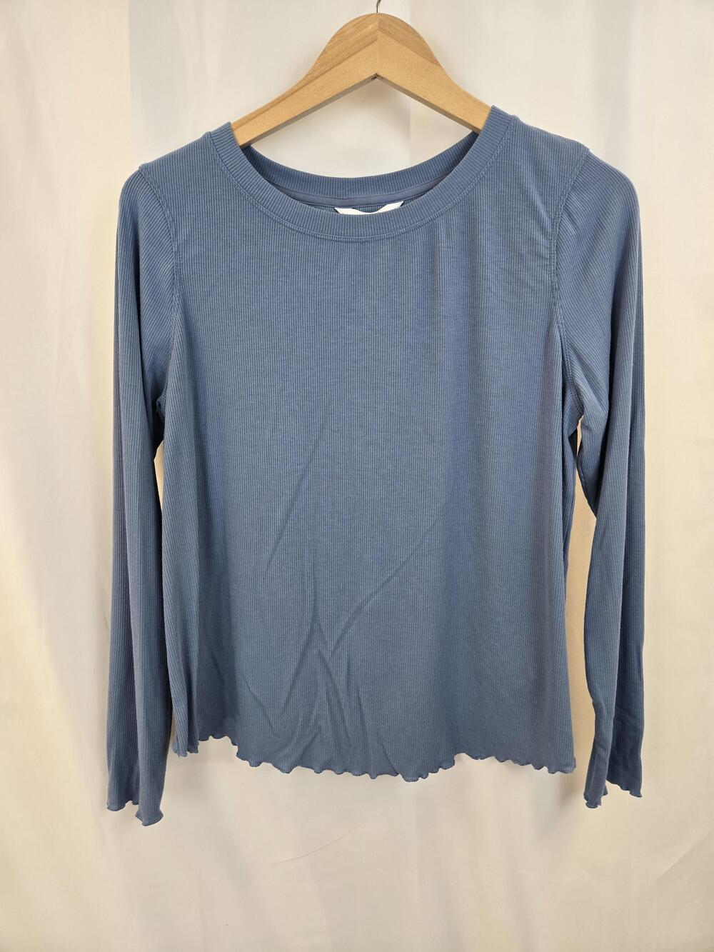 JoyLab Shirt Womens Large Blue Ribbed Long Sleeve Lettuce Hem Wrap Back Knit Top